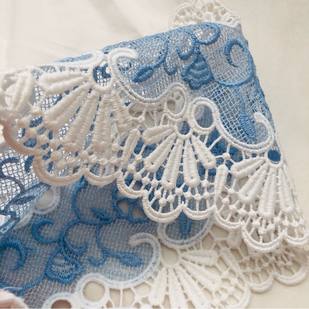 White Off-Shoulder Crop Top with Blue Lace Trim • Express Size XS - Picture 2 of 11